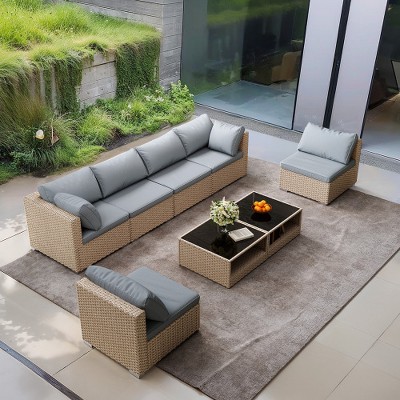8-Piece Modular Wicker Patio Sofa Set with 2 Coffee Tables and Cushions, Outdoor Conversation Furniture for Backyard or Garden – The Pop Home