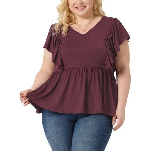 Agnes Orinda Women's Plus Size V Neck Ruffle Sleeve Pleated Peplum Blouses - 1 of 4