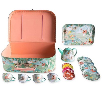HearthSong 15-Piece Fairy-Themed Tin Tea Set with Carrying Case for Kids Imaginative Play