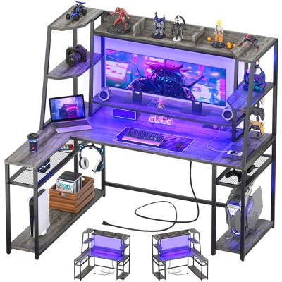 Aheaplus 63'' L Shaped Desk with Hutch, Corner Computer Desk with Charging Station and LED Light