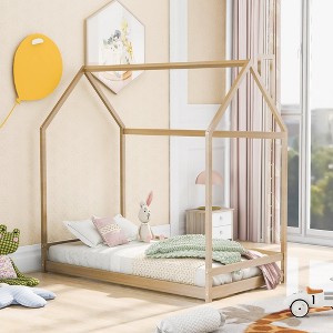 Twin Size House Bed Frame for Kids with Roof Design, Playhouse Style, Solid Pine Wood, No Slats, Requires Box Spring - 1 of 4