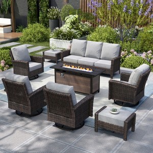 Captiva Designs Outdoor Patio Wicker Furniture Conversation Fire Pit Sets with Swivel Chairs with 5.5" Thick Cushions - 1 of 4