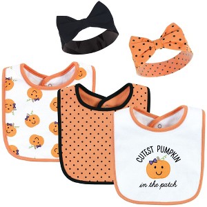 Hudson Baby Infant Girl Cotton Bib and Headband or Caps Set, Cutest Pumpkin, One Size - 1 of 4