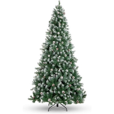 Acekool Prelit Flocked Holiday Tree, Pine Cones, Snow Tipped, Warm White, Metal Stand, Lush Branches for Home or Office