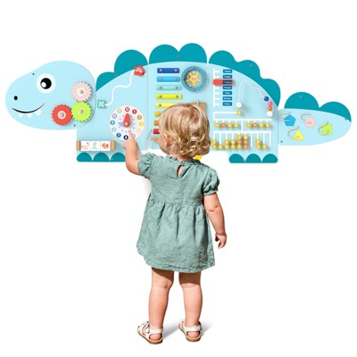 Costway 11-in-1 Dinosaur Activity Wall Busy Board Panels for Education Early Development Blue/Green