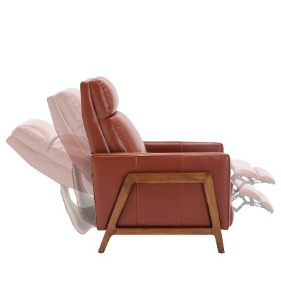 Modern Caramel Leather and Wood Push Back Recliner