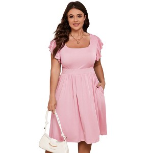 Whizmax Women Plus Size Midi Dress Short Ruffle Sleeves High Waist Casual Summer Dress with Pockets - 1 of 4