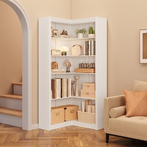 Corner bookcase - made of scratch-resistant fiberboard, five-layer design, ample storage space, easy to clean and install, equipped with anti-tip kit - 1 of 4