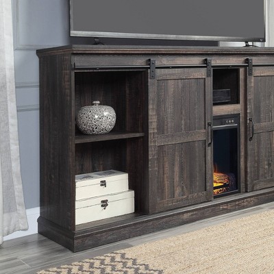 Heavy Brown Wood Fireplace TV Stand with Sliding Doors