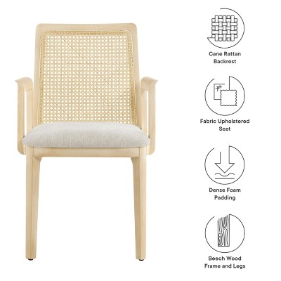 Antique White Rattan and Cane Arm Chair with Padded Seat