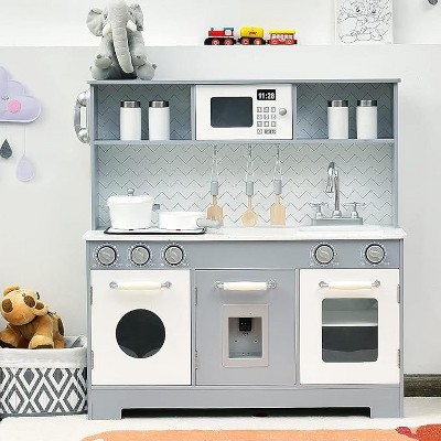 Costzon Kids Kitchen Playset, Wooden Pretend Cooking Set with Stove, Fridge, Microwave, Sink, Water Dispenser, Light & Sound, Cabinets