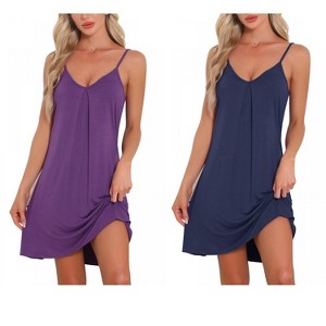 INSPIRE CHIC Women's 2 Pcs Sleeveless Camisole V Neck Pajama Dress Sleepwear Nightgowns - 1 of 4