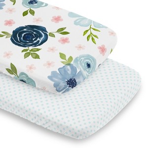 Sweet Jojo Designs Girl Baby Bassinet Fitted Sheets Set Watercolor Floral Blue Pink and Green 2pc - 1 of 4