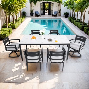 7-Piece Outdoor Dining Set, Swivel and Stationary Chairs with Cushions,  Sintered Stone Top Table with Umbrella Hole-Coolbibila - 1 of 4