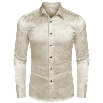 COOFANDY Men's Silk Satin Jacquard Long Sleeve Floral Button Up Shirts