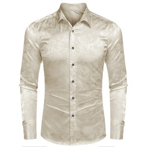 COOFANDY Men's Silk Satin Jacquard Long Sleeve Floral Button Up Shirts - 1 of 4