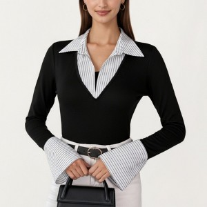 Anna-Kaci Women’s Contrast Collar Long Sleeve Top with Deep V Neckline Striped Cuffs and Tailored Trim Detailing - 1 of 4