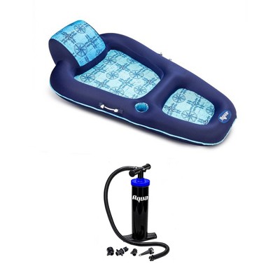 Aqua Leisure Large Inflatable Pool Float Lounger with Headrest and Heavy Duty Dual Action Hand Pump with 4 Nozzle Adapters Attachments, Black, Blue