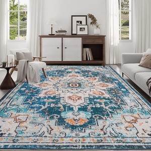 Area Rug Vintage Bohemia Large Persian Non-slip Washable Rug For Living Room Kitchen Bedroom Living Room Flower Design Blue/Beige - 1 of 4