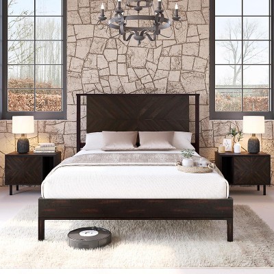 SweDrea 14 Inch Deluxe Bed Frame with Headboard, Rustic & Scandinavian Style with Solid Acacia Wood