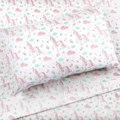 Tadpoles 4-Piece Pink Sketch Unicorn Sheet Set | 1 Full Flat Sheet, 1 Full Fitted Sheet & 2 Queen Pillowcases
