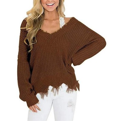 Women's Loose Fit Off - Shoulder V - Neck Distressed Frayed Sweater