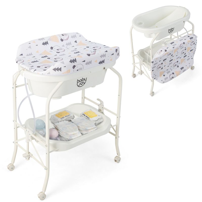 Babyjoy Baby Changing Table with Bathtub, Folding & Portable Diaper Station with Wheels Blue/Pink/White, 4 of 11