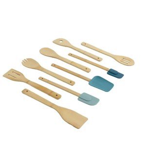 9-Piece Bamboo & Silicone Kitchen Utensil Set ¨C Heat-Resistant, Non-Stick Safe, Blue Accents - 1 of 1