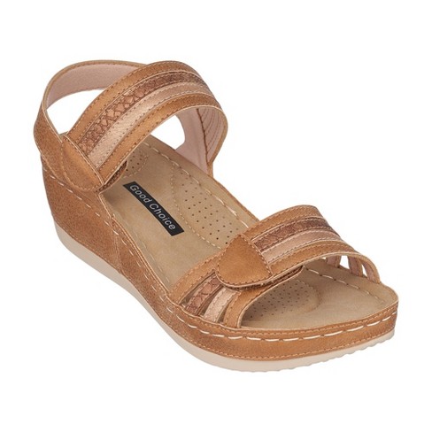 GC Shoes Samar Tan 10 Double Band Velcro Comfort Slingback Wedge Sandals