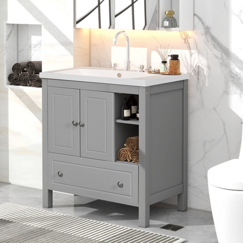 30 Bathroom Vanity with Ceramic Basin Sink, Drawer and 2-Tier Storage  Shelf, Gray - ModernLuxe