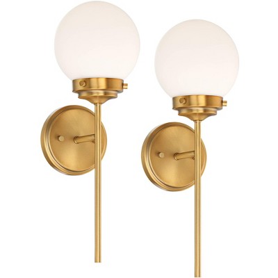 Possini Euro Design Sian Modern Wall Light Sconces Set of 2 Warm Brass  Hardwired 10 Fixture White Half-Moon Linen Shade for Bedroom 