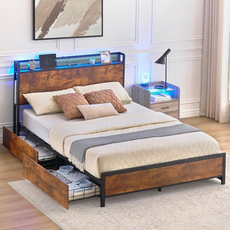 Whizmax Bed Frame with 4 Storage Drawers and Charging Station, LED Light Bed Frame with Storage Headboard, Brown, 1 of 9
