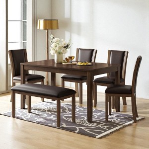 Mshliw 6-Piece Farmhouse Dining Table Set with Bench and 4 Upholstered Chairs, Wooden Dining Set for 6 People for Kitchen and Dining Room - 1 of 4