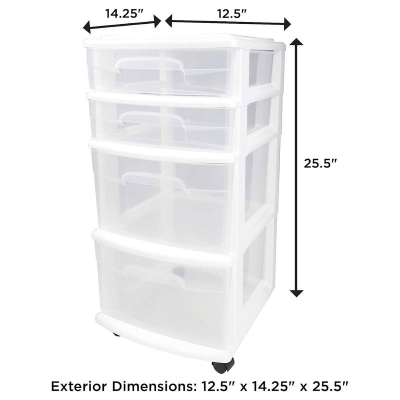 Homz Clear Plastic 4 Drawer Medium Home Storage Container Tower w/2 Large and 2 Small Drawers, and Removeable Caster Wheels, White Frame (2 Pack), 4 of 7