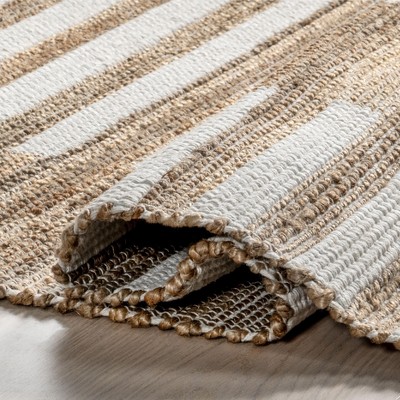 Natural Tan and White Striped Cotton Jute Rug, 4' x 6'