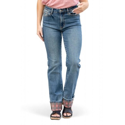 Women's PLAID CUFF STRAIGHT LEG JEAN - Judy Blue