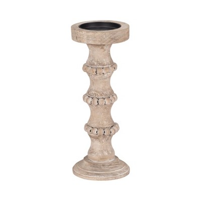 Wood Pillar Candle Holder with Decorative Beads, Antique Finish Candlestick for Home or Wedding Decor, Ivory/Beige