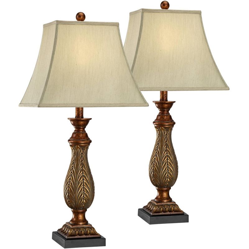 Regency Hill Traditional Table Lamps 29" Tall Set of 2 Two Tone Gold Leaf Linen Rectangular Bell Shade for Living Room Family Bedroom, 1 of 8