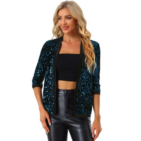 Allegra K Women's Open Front Collarless 3/4 Sleeve Sequin Velvet