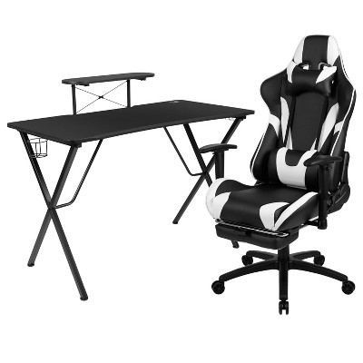 BlackArc 2pc Tango Gaming Desk & Chair Set Red: Reclining, Footrest, Cupholder, Headphone Hook, Open Storage Shelf