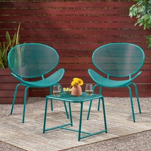 Christopher Knight Home James Outdoor 3 Piece Chat Set with Powder-Coated Iron Shell Chairs and Mesh Table - 1 of 4