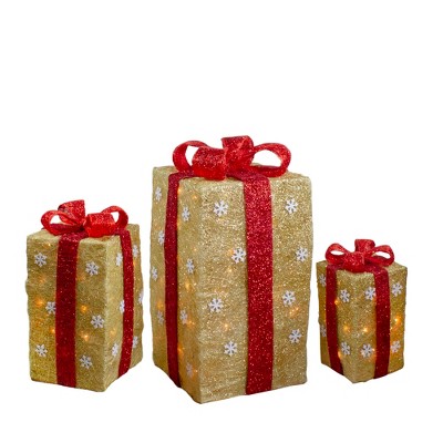 Northlight Set of 3 Lighted Tall Gold Sisal Gift Boxes with Red Bows Christmas Outdoor Decor 18"