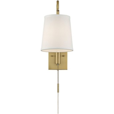 Luca Warm Brass 18" Swing Arm Plug-In Wall Lamp with White Shade