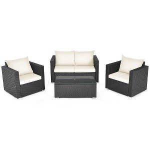 Costway 4PCS Patio Rattan Furniture Set Cushioned Sofa Chair Coffee Table Off White - 1 of 4