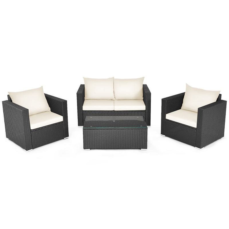 Costway 4PCS Patio Rattan Furniture Set Cushioned Sofa Chair Coffee Table Off White, 1 of 10