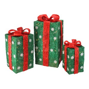 Northlight Set of 3 Lighted Tall Green Gift Boxes with Red Bows Christmas Outdoor Decorations 18" - 1 of 2