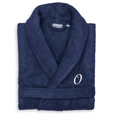 Linum Home Textiles 100% Turkish Cotton Unisex Personalized Terry Bathrobe Navy in White Script Font