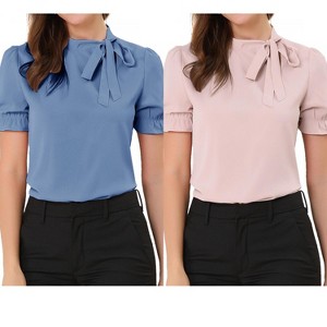 Allegra K Women's Elegant Bow Tie Neck Elastic Cuffs Office Short Sleeve Blouse 2 Pcs - 1 of 4