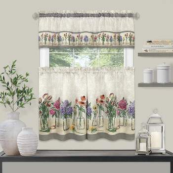 Kate Aurora 3 Piece Gardenia Florals Rod Pocket Kitchen Curtain Tier & Valance Set