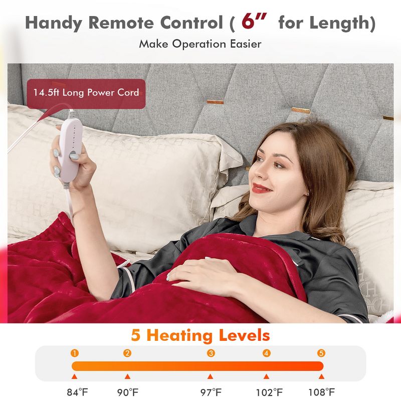 Costway Heated Blanket Electric Throw w/5 Heating Levels 10 Hours Auto-Off 84'' x 62'', 4 of 11